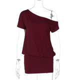 MQTIME  -  Short Sleeve Fashion Slim High Waist Club Party DressSolid Off Shoulder Mini Dresses Women Slanted Shoulders Summer Robes