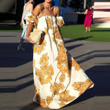 MQTIME  -  Women Elegant Patterns Print Loose Party Dress Fashion Hight Waist Suspender Dress Sexy Off Shoulder Short Sleeve Vacation Dress