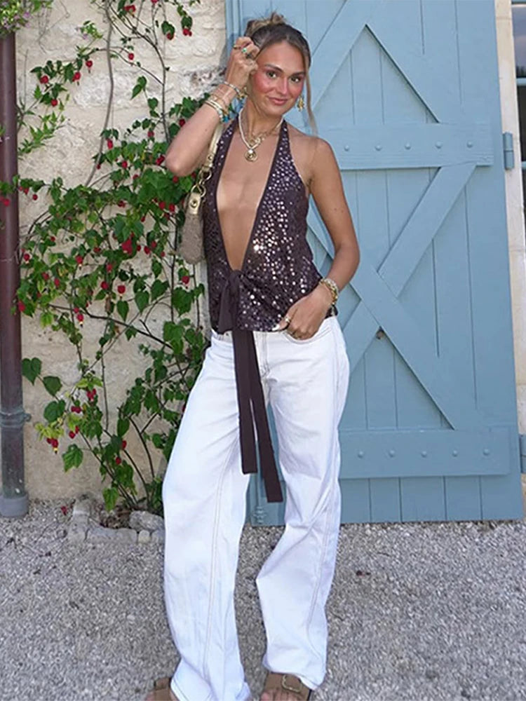 MQTIME  -  Sexy Deep V Neck Beach Tank Top Hot Girls Summer Sequins Lace Up Patchwork Sleeveless Vest Women Vacation Sexy Backless Top