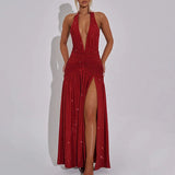 MQTIME  -  Sexy Deep V-neck Halter Slim Evening Dress Women Fashion Bright Silk Hight Waist Long Dress Elegant Sleeveless Split Party Dress