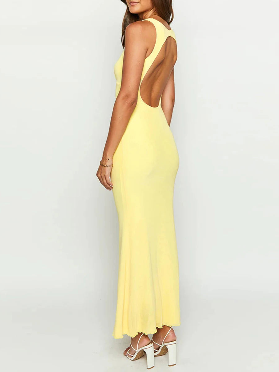 MQTIME  -  Women Summer Elegant Sleeveless V Neck Backless Hole Cutout Solid Color Long Evening Party Wedding Mermaid Long Dress