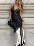 MQTIME  -  Contrast Color Lace Patchwork Satin Split Dress Women Sleeveless Backless Strap Sexy Party Chic Dresses 2025 New Street Robe