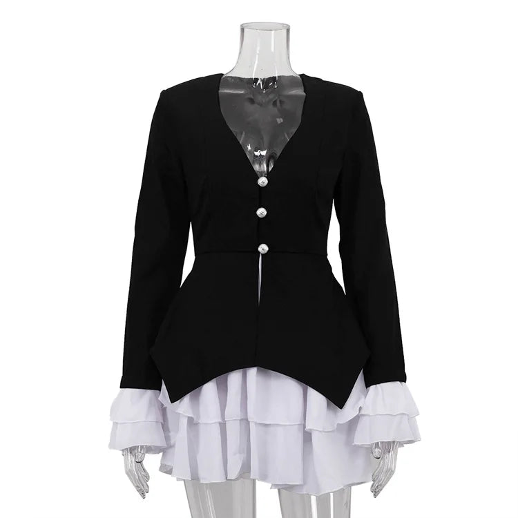 MQTIME  -  New Women's New Long Sleeved Mini Dress Sexy V-neck Fashionable Ruffle Edge Splicing Fake Two-piece Petal Sleeve Dress