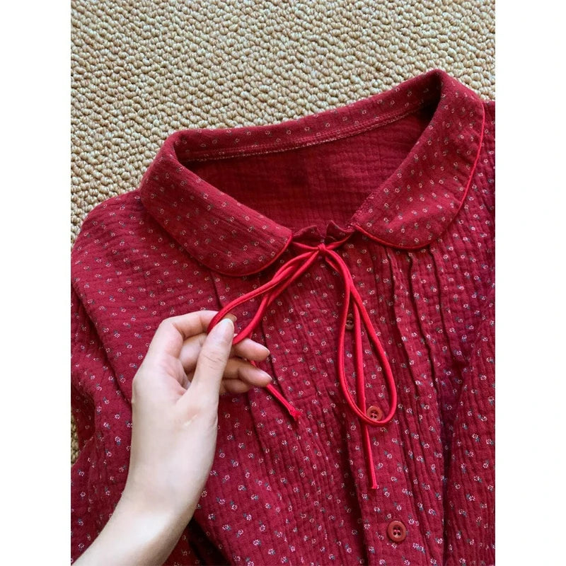 MQTIME  -  French Retro Red Floral Pajamas Women's Spring and Autumn Festive Loungewear Two-piece Set Comfortable Breathable Skin-friendly