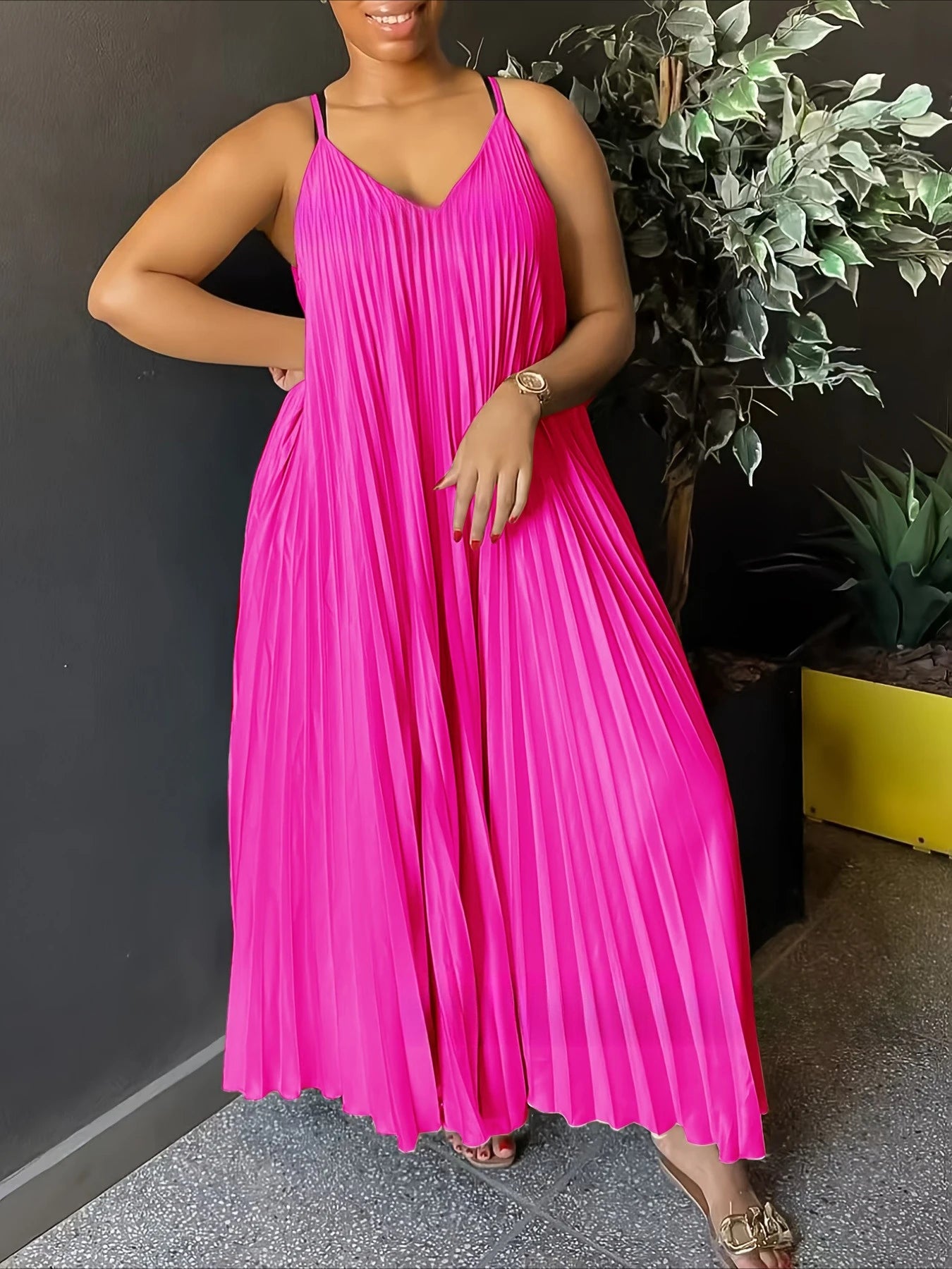 MQTIME  -  Summer High Waist V Neck Casual Sleeveless Dress Pleated Spaghetti Strap Dresses New Relaxed Sexy Maxi Beach Women Dress