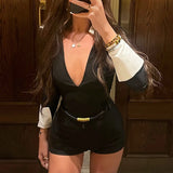 MQTIME  -  Women Fashion Commuter Clothing Color Contrasting Zipper Turn-down Neck  Long sleeved Tight Sexy High Waist Shorts Jumpsuit