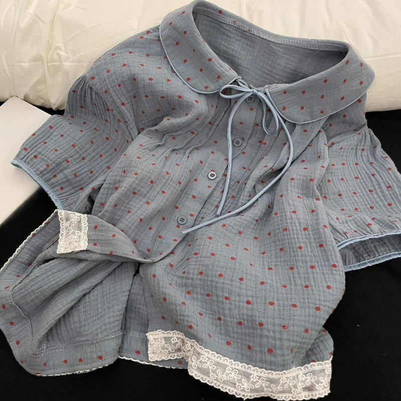 MQTIME  -  Korean Polka Dot Double-layer Cotton Yarn Short-sleeved Pajamas for Women's Summer New Soft and Skin-friendly Home Clothing