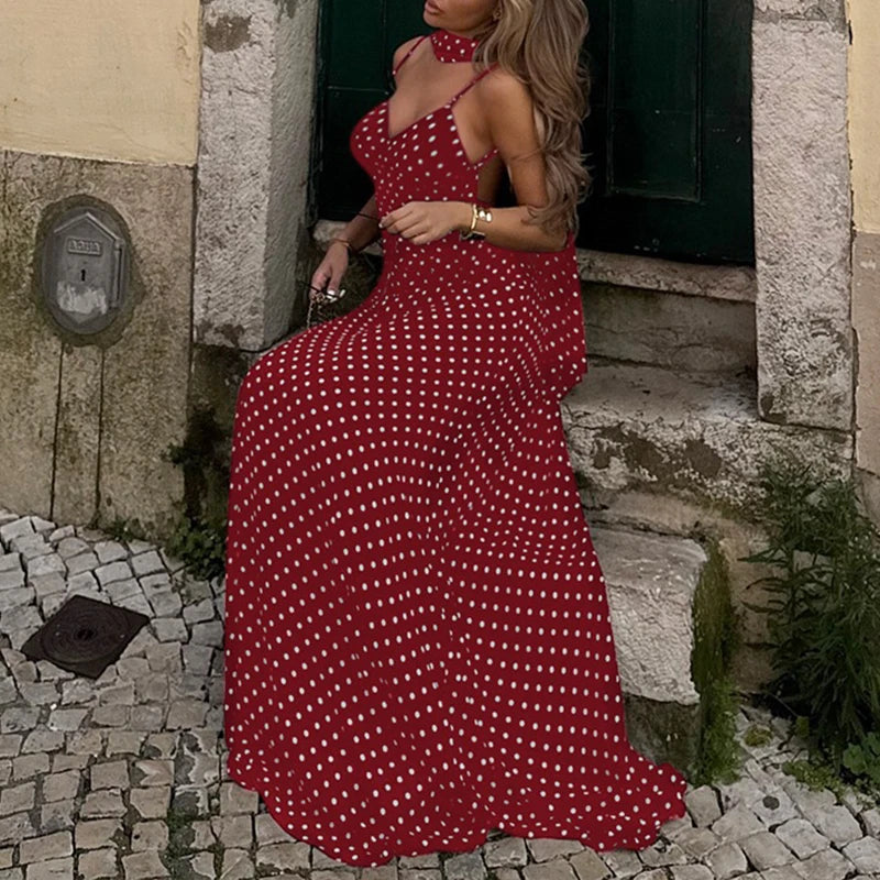 MQTIME  -  Women's French Style Polka Dot Printing Sexy V-neck Camisole Backless Loose Dress Sleeveless Summer Party Gowns