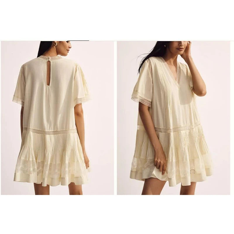 MQTIME  -  Women Summer Floral Lace See-through Patchwork Flare Short Sleeve V-Neck Loose Fit Ruffled Pleated Hem Mini Dress