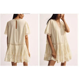 MQTIME  -  Women Summer Floral Lace See-through Patchwork Flare Short Sleeve V-Neck Loose Fit Ruffled Pleated Hem Mini Dress