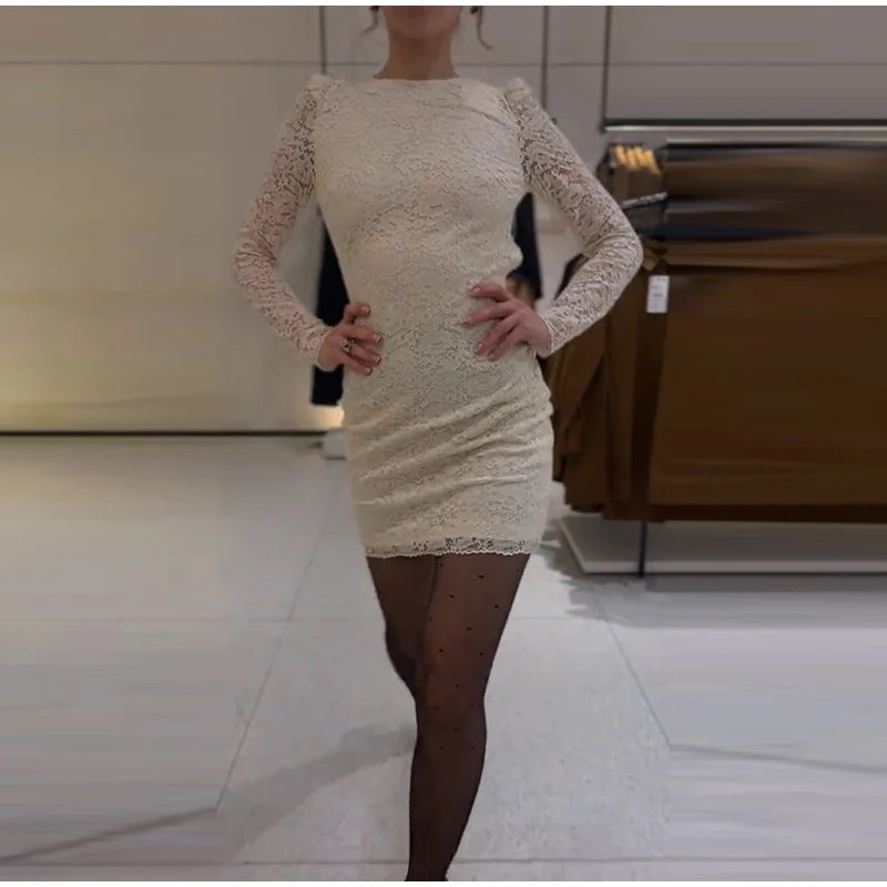MQTIME  -  Sexy White Lace Full Sleeve Mini Dress Women O-neck Backless Hip Package Slim Waist Cinching Dresses Lady Evening Party Vestidos