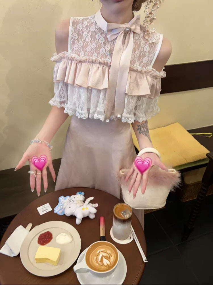 MQTIME  -  Sweet Japanese Pink Fairy Long Dresses Woman French Elegant Lace Patchwork Summer Dress Aesthetic Design Y2k Party Outfits