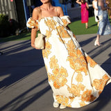 MQTIME  -  Women Elegant Patterns Print Loose Party Dress Fashion Hight Waist Suspender Dress Sexy Off Shoulder Short Sleeve Vacation Dress