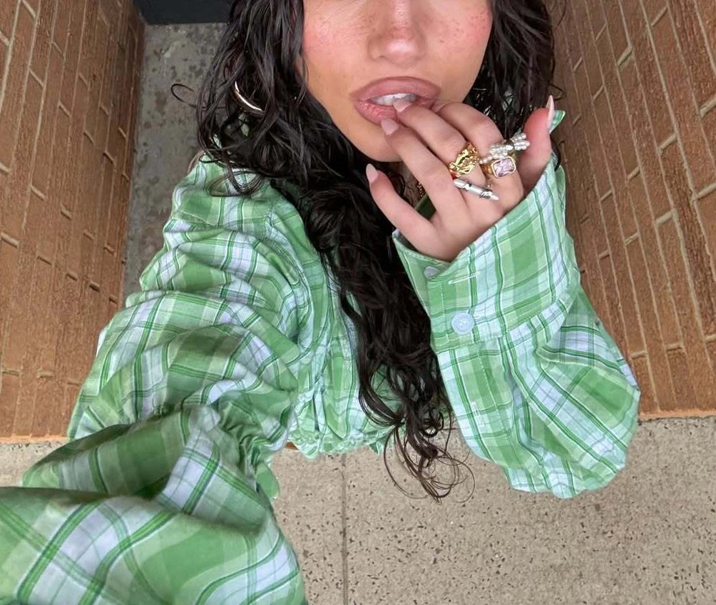 MQTIME  -  Spring 2025 New Style Checked Fitted Blouse for Ladies with Pleated Sleeves and Shirt Design streetwear dress for women