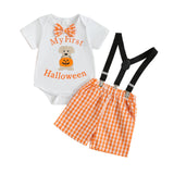 MQTIME  -  Toddler Girl Halloween Costume Pumpkin Print Long Sleeve Romper and Tutu Skirt 2 Piece Set with Headband and Tights