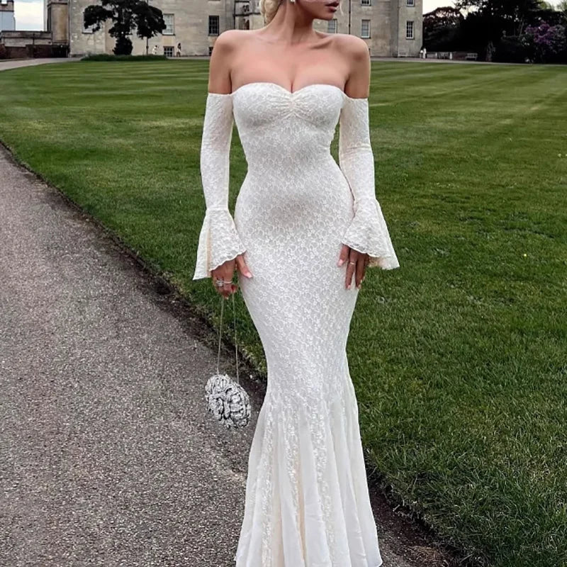 MQTIME  -  Fashion Mesh Lace Embroidery Long Dress Elegant One Shoulder Slim Fishtail Dress Women Casual Flared Sleeve Solid Evening Dress