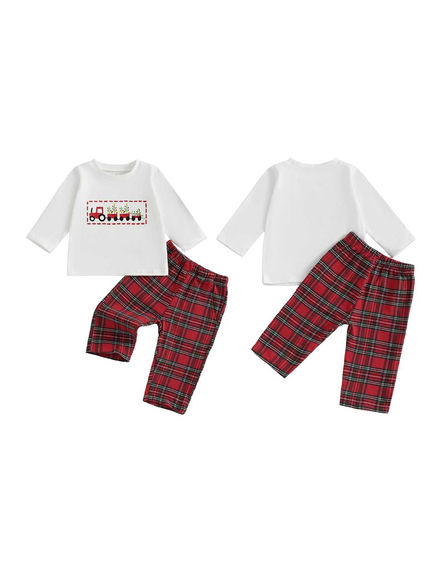 MQTIME  -  Children s Autumn 2-Piece Outfit with Long Sleeve Truck Embroidered Top and Plaid Pants Set O Neck Design for Boys