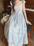 MQTIME  -  Summer French Retro Style Dress Women Sweet Lace Edge Flutter Sleeve Clothes Bow Blue Long Dresses Elegant Chic Style New