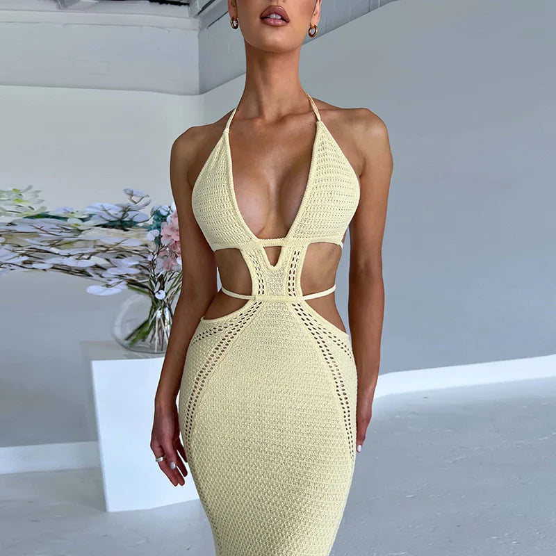 MQTIME  - Hollow Out Knitted Long Dress Women Sexy V Neck Lace Up Halter Backless Bodycon Maxi Club Party Robes Vacation Beach Outfits