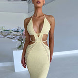 MQTIME  - Hollow Out Knitted Long Dress Women Sexy V Neck Lace Up Halter Backless Bodycon Maxi Club Party Robes Vacation Beach Outfits