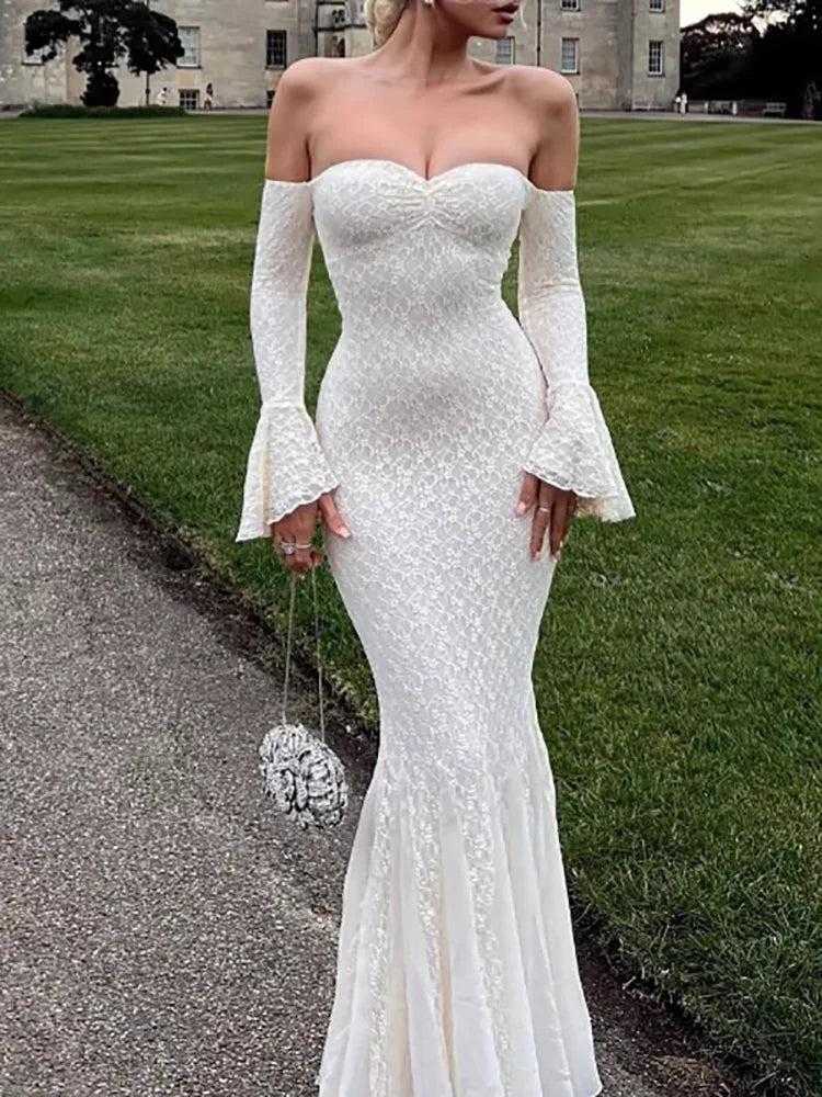 MQTIME  -  Fashion Mesh Lace Embroidery Long Dress Elegant One Shoulder Slim Fishtail Dress Women Casual Flared Sleeve Solid Evening Dress