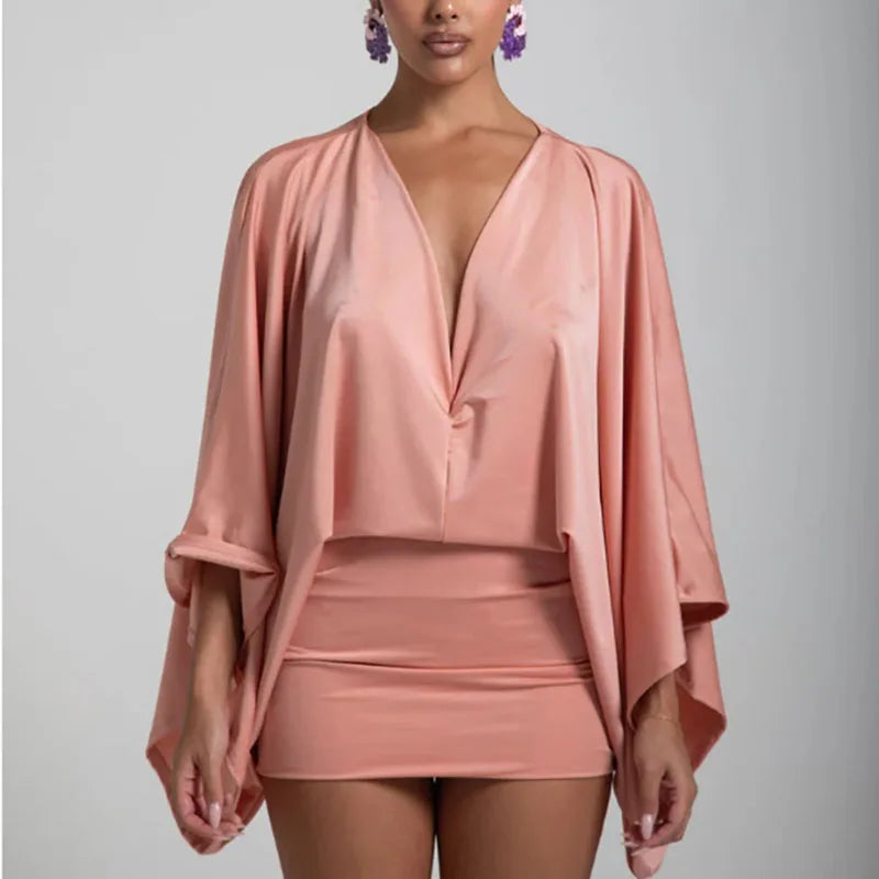 MQTIME  -   Sexy Deep V-neck Hollow Slim Hip Dresses Woman Spring Solid Elegant Commute Lady Dress Autumn Long Sleeve Satin Mini Dress Mujer