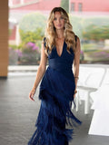 MQTIME  -  Multi-layer Tassels Patchwork Deep V-neck Long Dress Women Sleeveless High Waist Evening Party Dresses 2025 New Vacation Robe