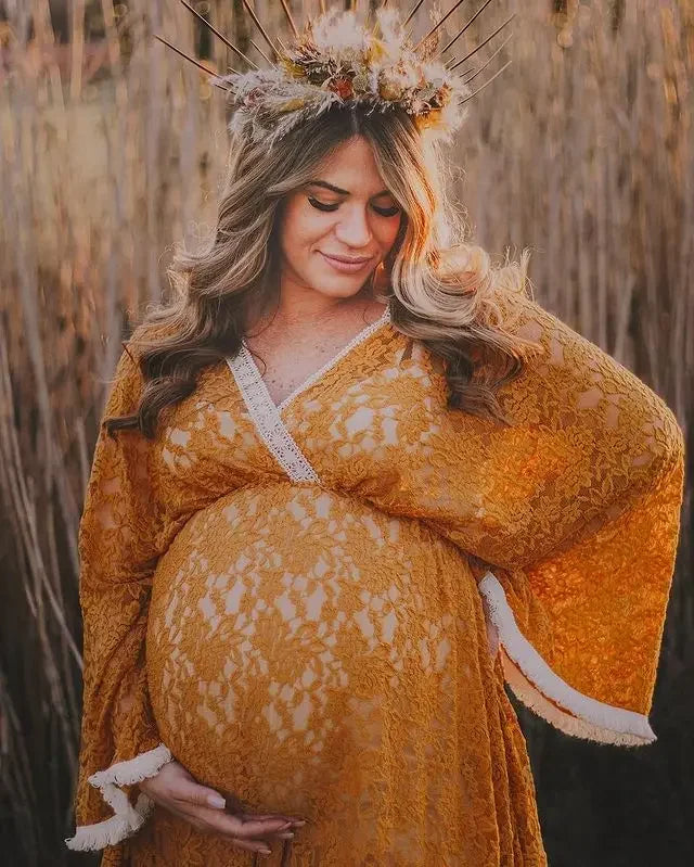 MQTIME  - Boho Maternity Lace Yellow Evening Dresses Photography Props Sexy V-neck Long Gown Pregnancy For Photoshoot Fashion Baby Shower