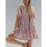 MQTIME  -  Women Summer Floral Lace See-through Patchwork Flare Short Sleeve V-Neck Loose Fit Ruffled Pleated Hem Mini Dress