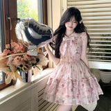 MQTIME  -   Women Floral Mini Dress French Bow Sweet Butterfly Sleeve Ball Gown Dress Summer Elegant O Neck Kawaii Female Cake Dress New