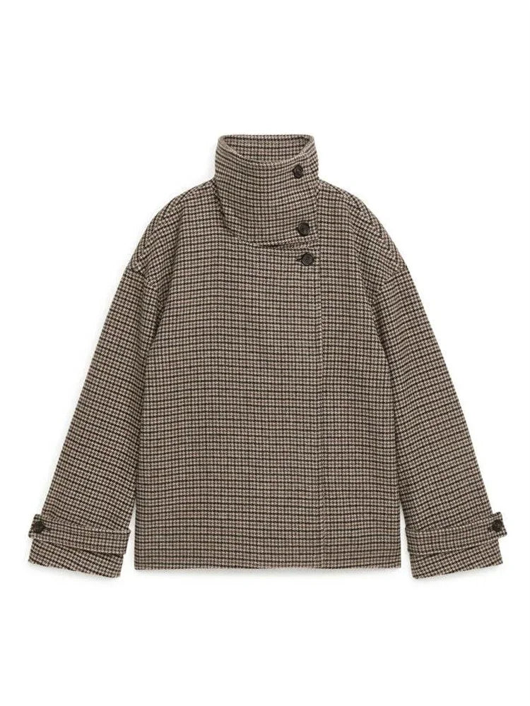 MQTIME  -  Women's Brown Plaid Print Stand Collar Asymmetric Button Front Jacket With Long Sleeves Casual Outerwear 2025 Autumn Lady Coat