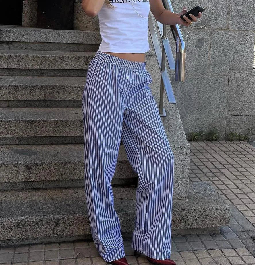 MQTIME  -  Womens Casual Cleanfit Striped Pants Elastic Low Waist Striped/Plaid Loose Aesthetic Trousers Streetwear with Pockets