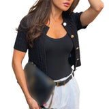 MQTIME  -  Women's Y2K Chic Cable Knitwear Cardigans Striped Short Sleeve Button-down Round Neck Cropped Slim Fit Sweater Tops