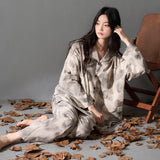 MQTIME  -  Women Spring Autumn and Winter Pure Cotton Long-sleeved Striped Lace Lapel High-end Light Luxury Loungewear Set Comfort