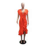 MQTIME  -  New Tie Up Irregular Long Dress Summer Casual Short Sleeve Commute Dress Office Lady Deep V Ruffles Solid Color Evening Dresses