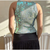MQTIME  -   Fashion Sequined O-neck Vest Women Sexy Knitted Sleeveless Solid Slim Shinny Tops Female 2025 Casual Summer Party Top Lady