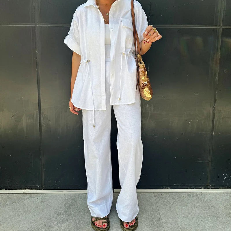 MQTIME  -  Summer Elegant Button Wide Leg Suit Casual Short Sleeve Shirt & Long Pant Outfits Women Fashion Lapel Solid Loose 2Pc Sets