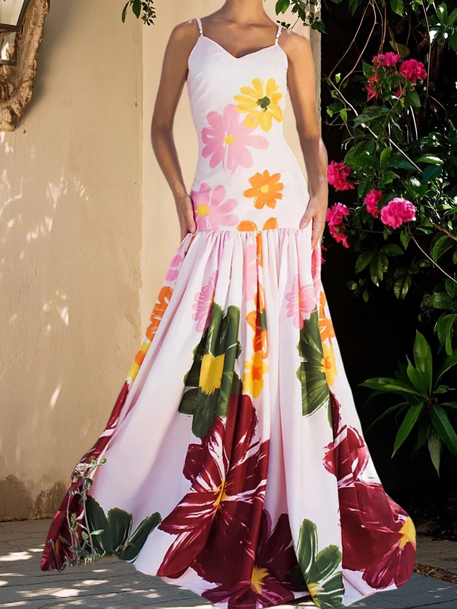 MQTIME  -  Women s Boho Floral Print Spaghetti Strap Maxi Dress Sleeveless Flowy Hem Summer Beach Cami Dress with Pockets