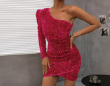 MQTIME  -  Women's One Shoulder Dress Shiny Sequined Formal Evening Dress Fashion Sexy V-Neck Bodycon Cocktail Party Dresses Xiny2