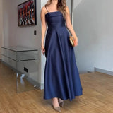 MQTIME  -  2025 Summer Retro Style Satin Spaghetti Strap Evening Dress Fashion High Waist A-line Ruched Banquet Gowns for Laies