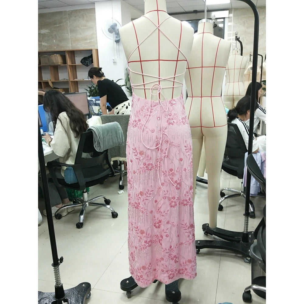 MQTIME  -  Women Beading Sequins Flower Embroidery Sleeveless Summer Cross Tied Backless Spaghetti Strap A-line Cami Long Dress