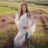 MQTIME  -  Pregnancy Flared Sleeves Lace Embroider Maternity Dress Photography Props Clothes Photo shoot Maxi Gown Pregnant Women Dresses