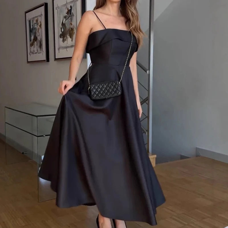 MQTIME  -  2025 Summer Retro Style Satin Spaghetti Strap Evening Dress Fashion High Waist A-line Ruched Banquet Gowns for Laies