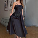 MQTIME  -  2025 Summer Retro Style Satin Spaghetti Strap Evening Dress Fashion High Waist A-line Ruched Banquet Gowns for Laies