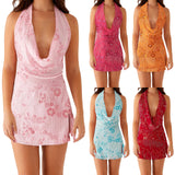 MQTIME  -  Women Sleeveless Beaded Floral Embroidery Straps Lace-up Halter Cowl V-Neck High Slit Tied Backless Mini A-line Dress