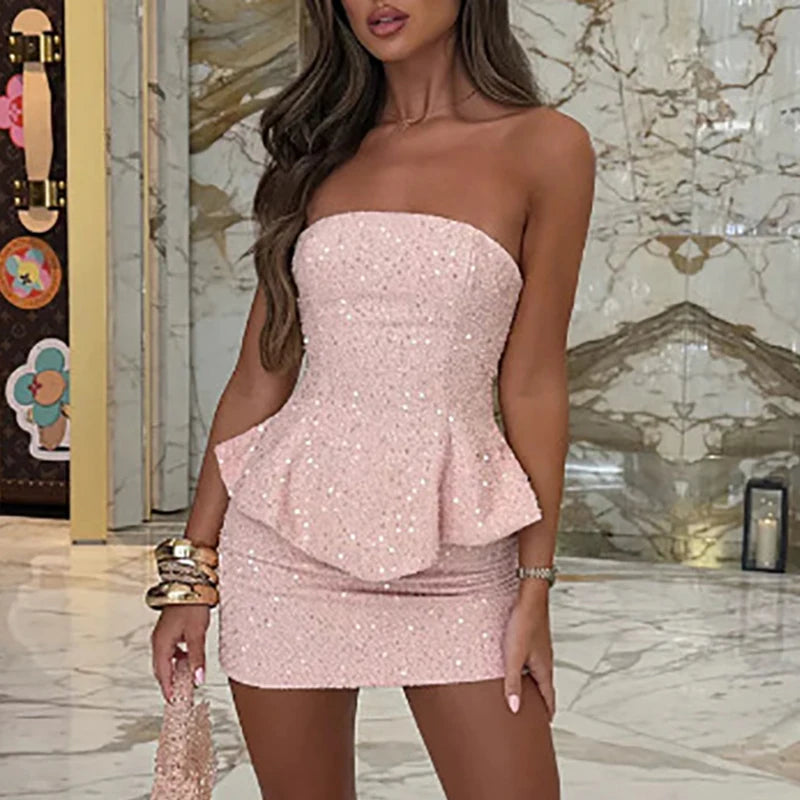 MQTIME  -  Elegant Sleeveless Blouse and Wrap Hip Skirt Set Women Sexy Off Shoulder Slim Fit 2 Piece Suit Fashion Shiny Club Party Outfits