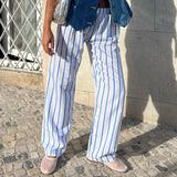 MQTIME  -  Womens Casual Cleanfit Striped Pants Elastic Low Waist Striped/Plaid Loose Aesthetic Trousers Streetwear with Pockets