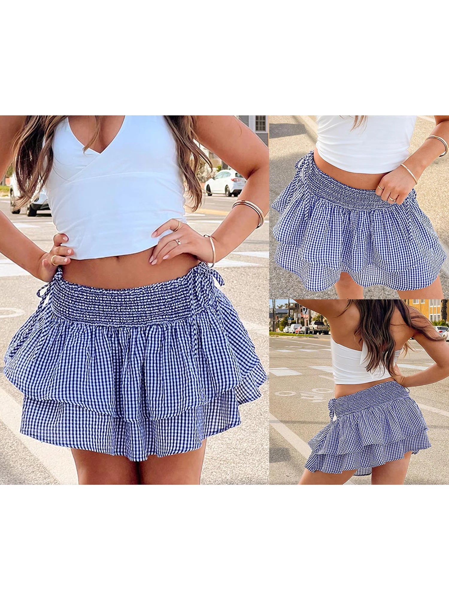 MQTIME  -  Stylish Women s Plaid Skirt with Tiered Ruffled Hem and A-Line Design Perfect for Summer Fashionistas Looking for Versatile