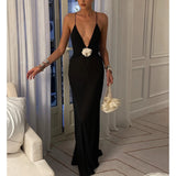 MQTIME  -  Womens Holiday Boho Summer See-through Vintage Backless Long Sundress Sleeveless Deep V Neck Flower Decor Party Dress