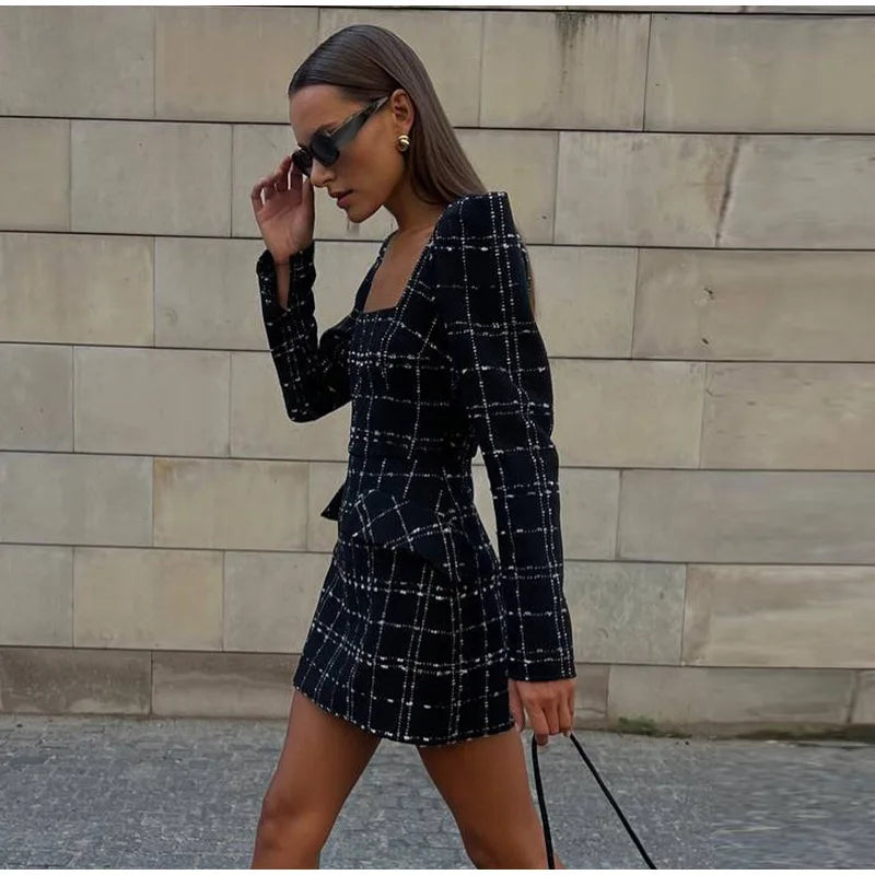 MQTIME  -  Tweed Plaid Elegant Long Sleeve Mini Dress Women Square Collar High Waist 2025 Autumn Casual Dresses Party Evening Lady Robe